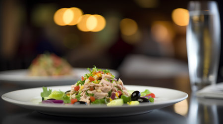 Tuna salad with olives on a plate in a restaurant.の素材
