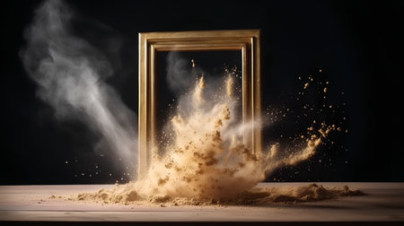 Golden picture frame with sand explosion on black background, 3d renderの素材