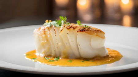 Grilled scallops with sauce on white plate, closeupの素材