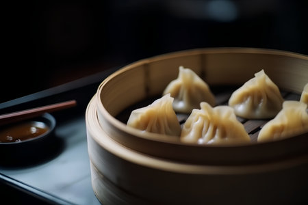 steamed dumplings in bamboo steamer on dark background.の素材
