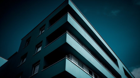 Modern apartment buildings on a sunny day with a blue sky. Facade of a modern apartment buildingの素材