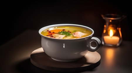 Chicken soup with noodles and vegetables in a white bowl on a dark backgroundの素材