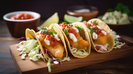 Fish tacos with coleslaw and tomato salsa. Mexican food.の素材