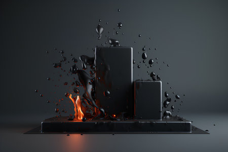 3d render of black stone podium with fire and smoke on dark backgroundの素材