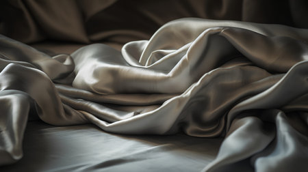 closeup of folds of grey silk fabric in soft light and shadowsの素材