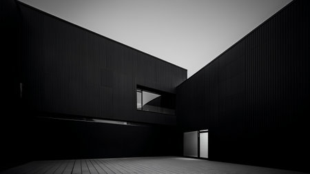 3d render of a modern building with black walls and wooden floorの素材