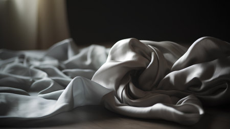 Close up of crumpled white silk fabric on a wooden tableの素材