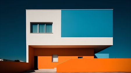 Modern apartment building on a sunny day with a blue sky background.の素材