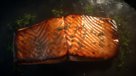 Salmon steak with dill and parsley on a black backgroundの素材