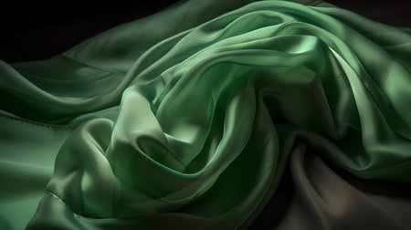 closeup of a green satin fabric in the studio on black backgroundの素材