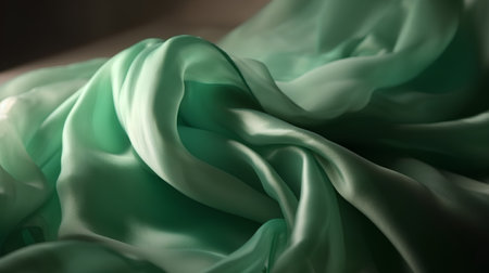 Closeup of green satin fabric texture background. Shallow DOFの素材