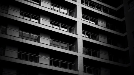 3d render of modern building in black and white with windows.の素材