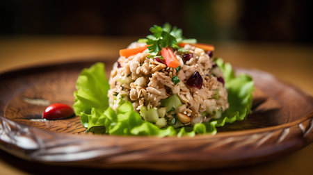 Rice salad with chicken and vegetables on a wooden plate. Selective focus.の素材
