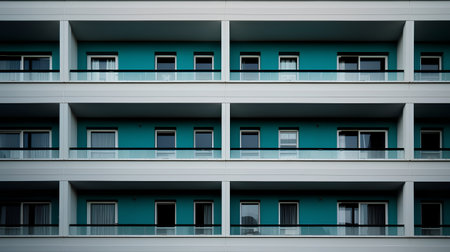 Detail of a modern apartment building with balconies and windows.の素材