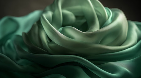 closeup of beautiful green satin fabric on dark background studio shotの素材