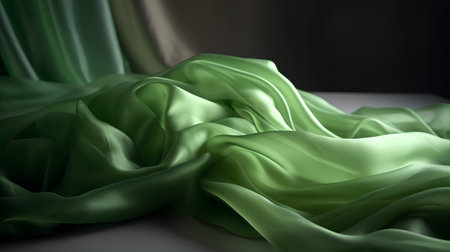 Green satin fabric on a black background. Close-up.の素材