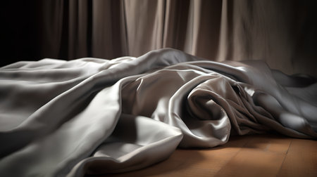 close up of crumpled white silk fabric on a wooden floorの素材