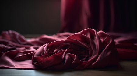 Red silk drapery on a wooden floor. Studio shot.の素材