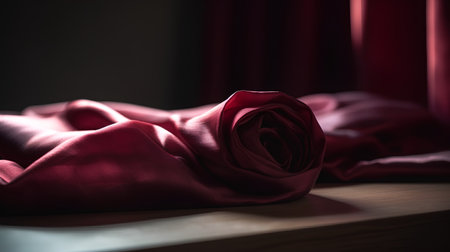 Red silk fabric on a wooden table in a room with red curtainsの素材