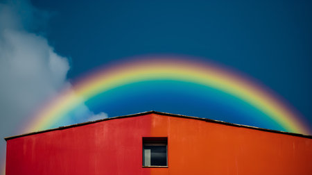 Rainbow over the roof of a red building with a small windowの素材