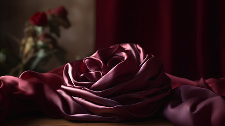 Red rose on a wooden table with a red curtain in the backgroundの素材