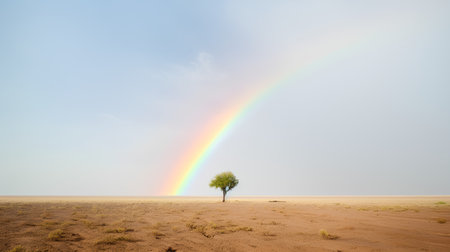 Lonely tree in the desert with a rainbow in the skyの素材