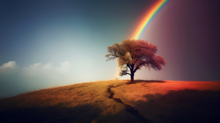 Lonely tree on a hillside with rainbow in the skyの素材