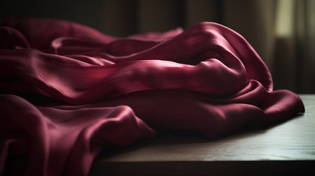 Red satin fabric on the table in the room. Toned.の素材