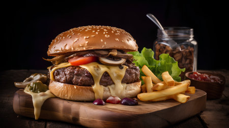 Cheese burger - American cheese burger with Golden French fries and fresh saladの素材