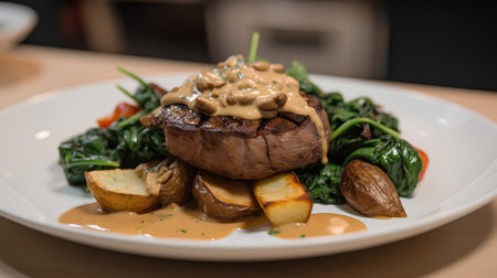 Beef steak with baked potatoes and spinach on a white plate.の素材