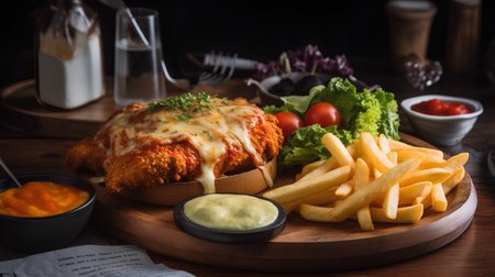 Breaded chicken chop with french fries and salad on wooden backgroundの素材