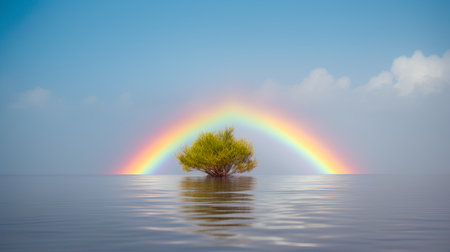 Rainbow over a tree in the water, 3d render.の素材