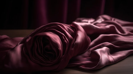 close up of a pink satin fabric on a wooden table.の素材