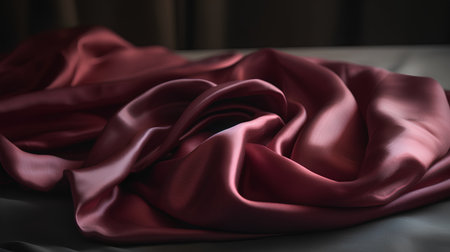 Closeup of red satin fabric with folds. Shallow depth of field.の素材