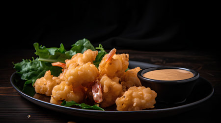 Deep fried shrimp tempura with sauce on dark wooden background, selective focus.の素材