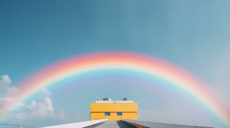 3D render of a building with a rainbow in the sky.の素材