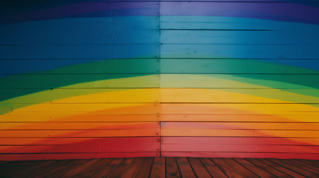 Wooden wall with rainbow colors. 3d render. Illustrationの素材