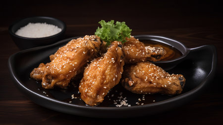 Fried chicken wings with soy sauce and sesame seeds on wooden backgroundの素材