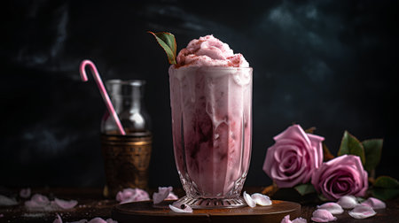 Pink raspberry milkshake with ice cream in a glass on a dark backgroundの素材