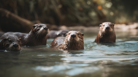 Group of wet Asian small-clawed otters swimming in the riverの素材