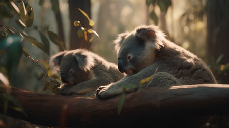 Cute koala mother and her baby in eucalyptus forestの素材