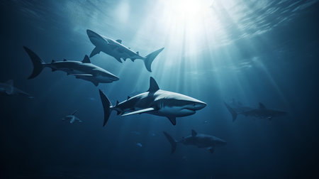 Underwater scene with sharks and rays of light. 3d renderingの素材