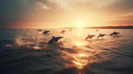 Dolphins jumping out of the water at sunset. 3d renderingの素材