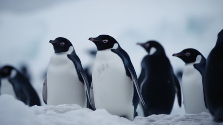Group of penguins on the ice in Antarctica. Shallow depth of fieldの素材