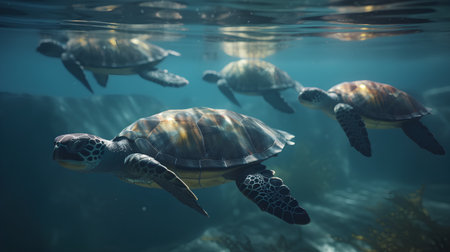 Sea turtles swimming in the water. 3d illustration. Underwater world.の素材