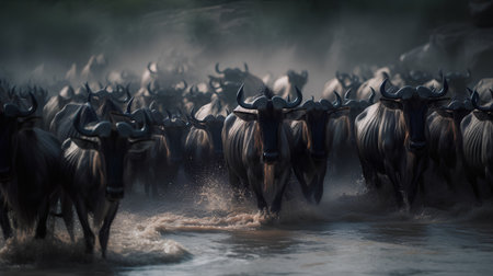 Wildebeest (Connochaetes taurinus) crossing the river in Kruger National Park, South Africaの素材