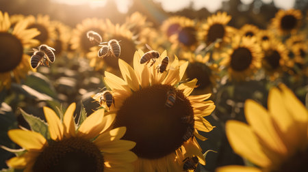 Sunflowers field with bees at sunset. Selective focus.の素材