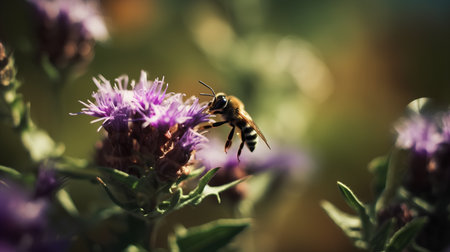 Bee on a purple flower in nature. Shallow depth of field.の素材