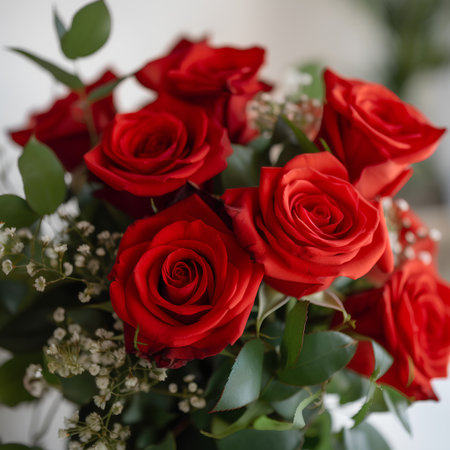 Bouquet of red roses in a vase on the tableの素材