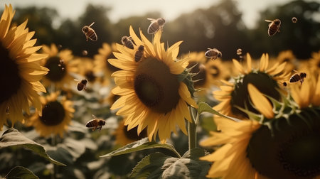 Sunflower field with bees at sunset, sunflowers and beesの素材